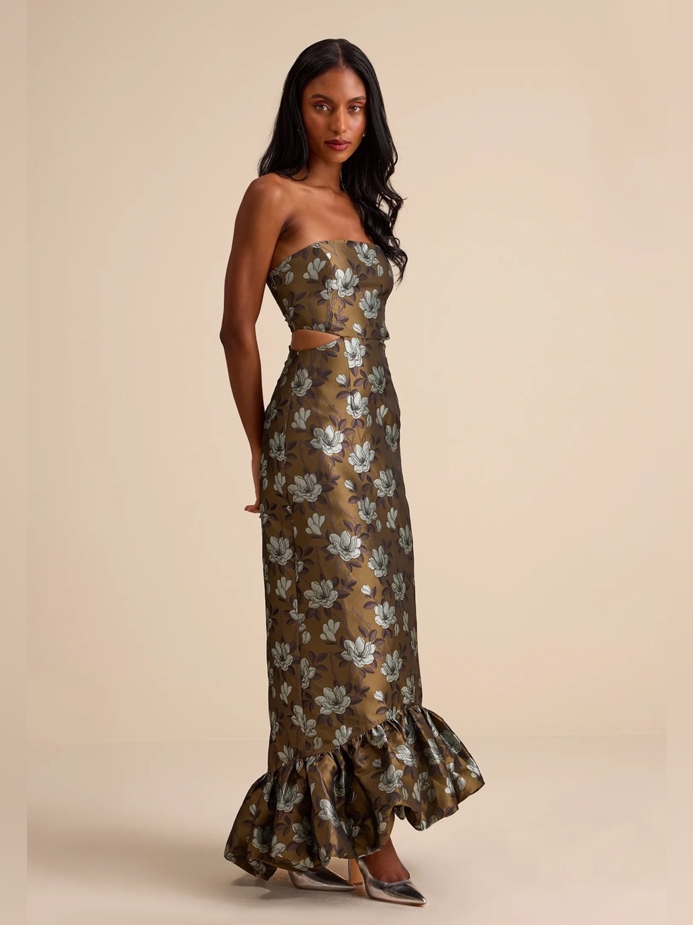 Lulu's Olive Green Floral Strapless Maxi Dress with Silver Flowers